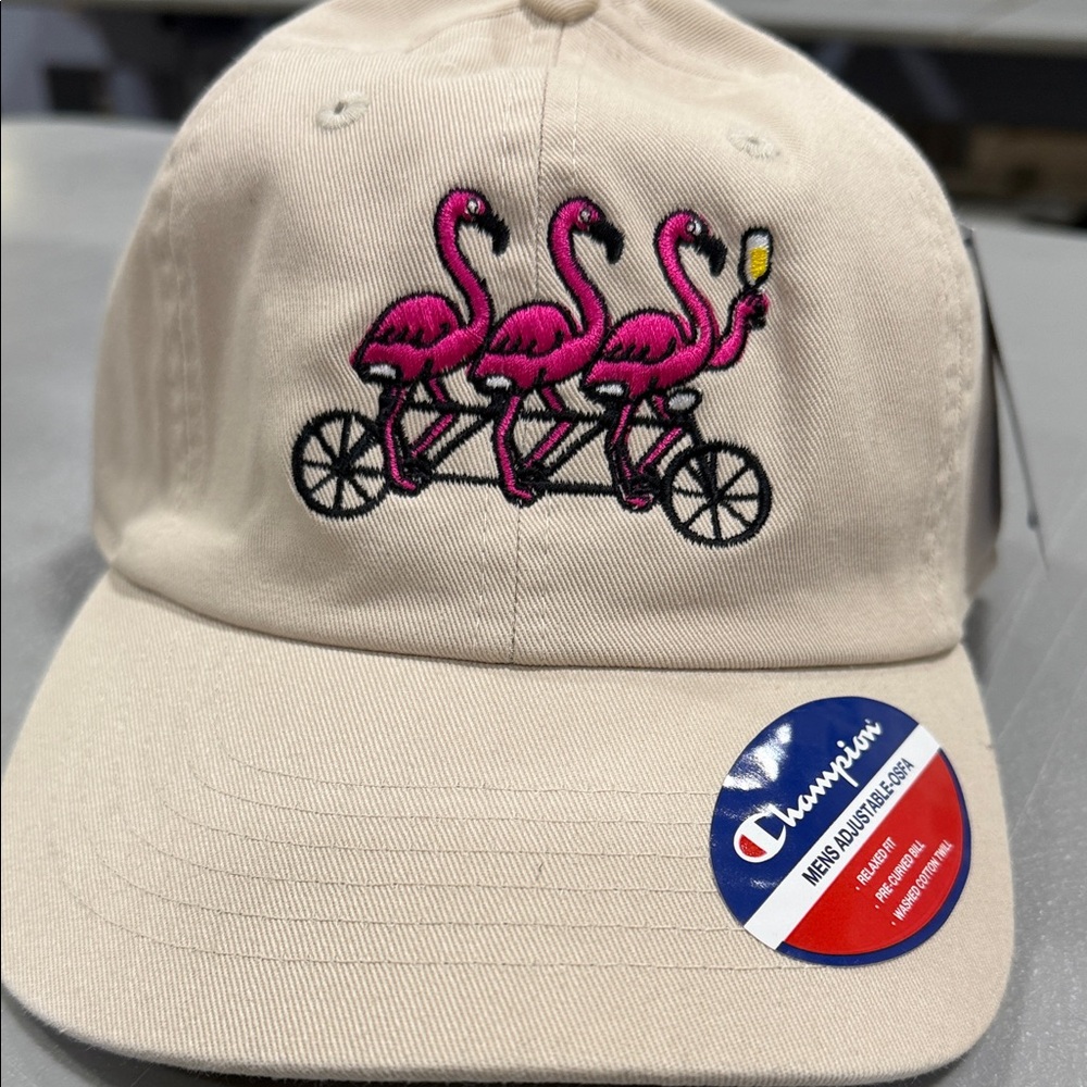 Champion Beige Cap with Pink Flamingo Embroidery